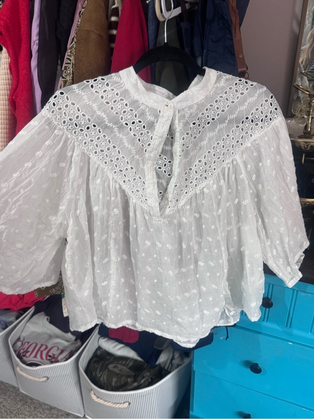 Calypso St. Barth White Eyelet Tie-Neck Peasant Blouse